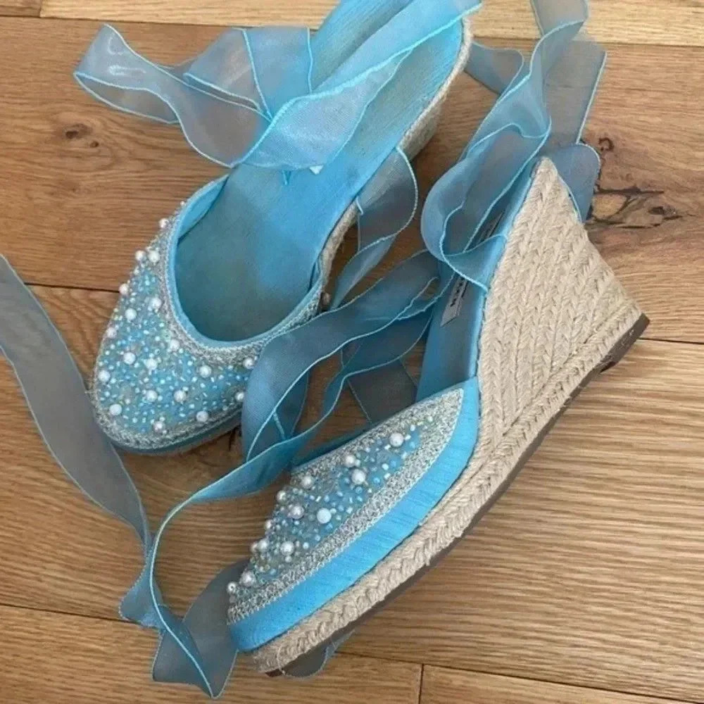 Steve Madden Blue Beaded Espadrilles Tie Up Wedges - Picture 7 of 15